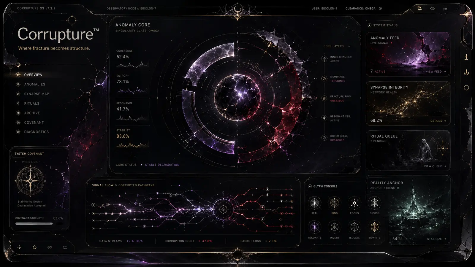 Fractured obsidian Corrupture interface with gold, violet, and crimson energy