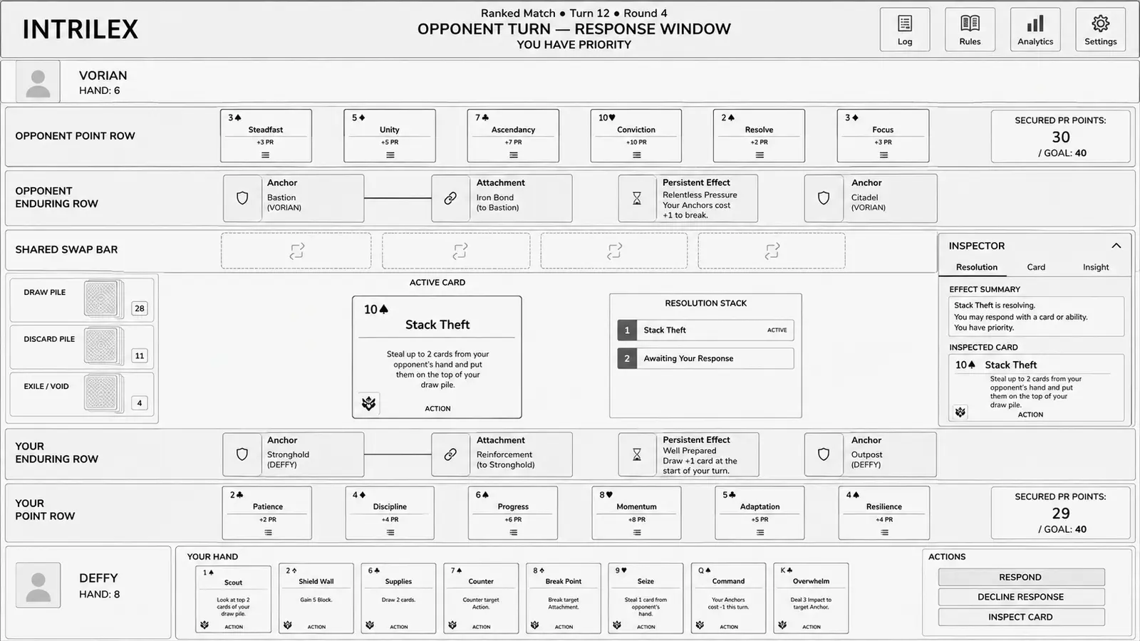 Grayscale Intrilex ranked match interface showing mirrored Point and Enduring Rows, piles, hand, active card, and resolution stack
